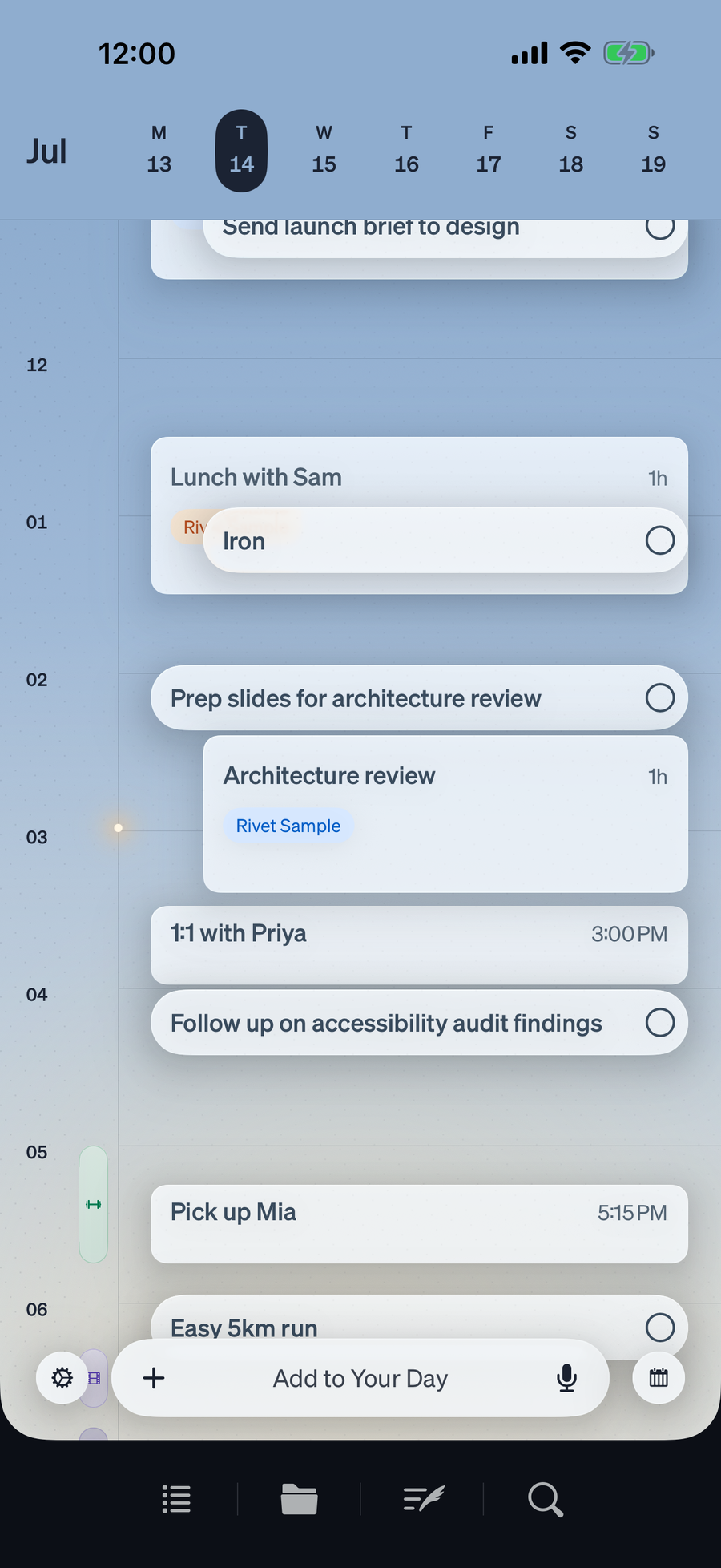 Rivet Today timeline combining events, tasks, and activity