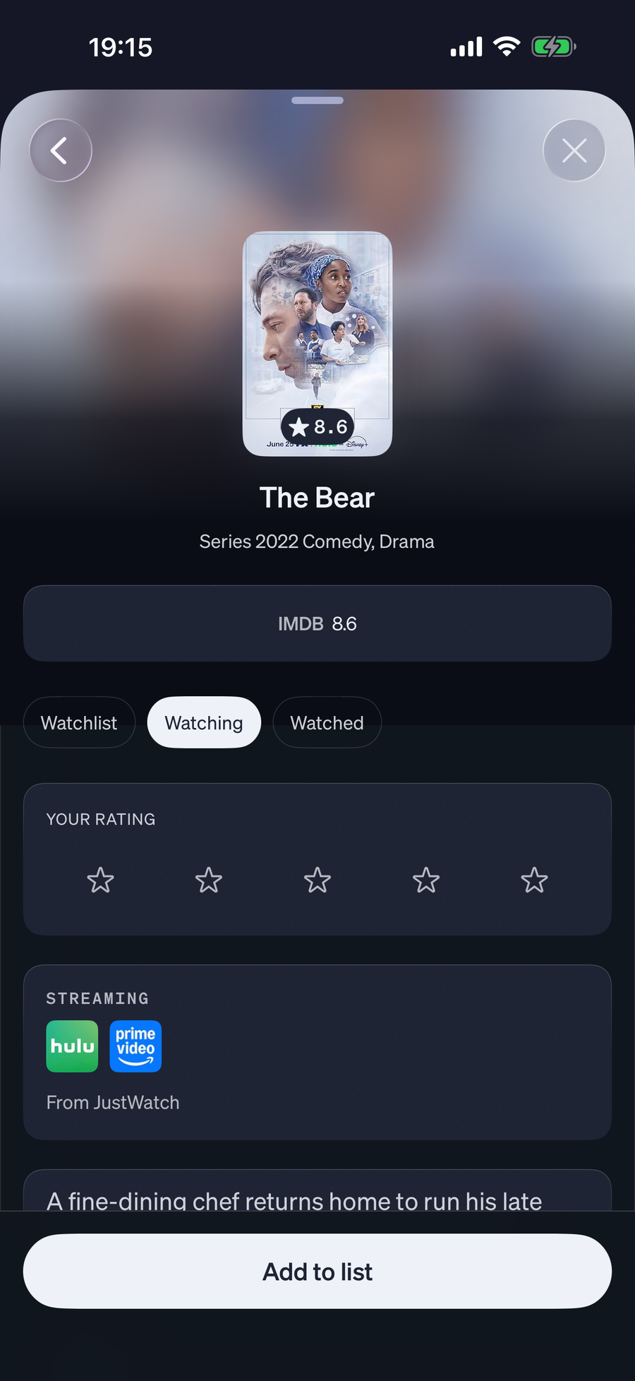 Rivet detail for The Bear with watch status, rating, and streaming availability