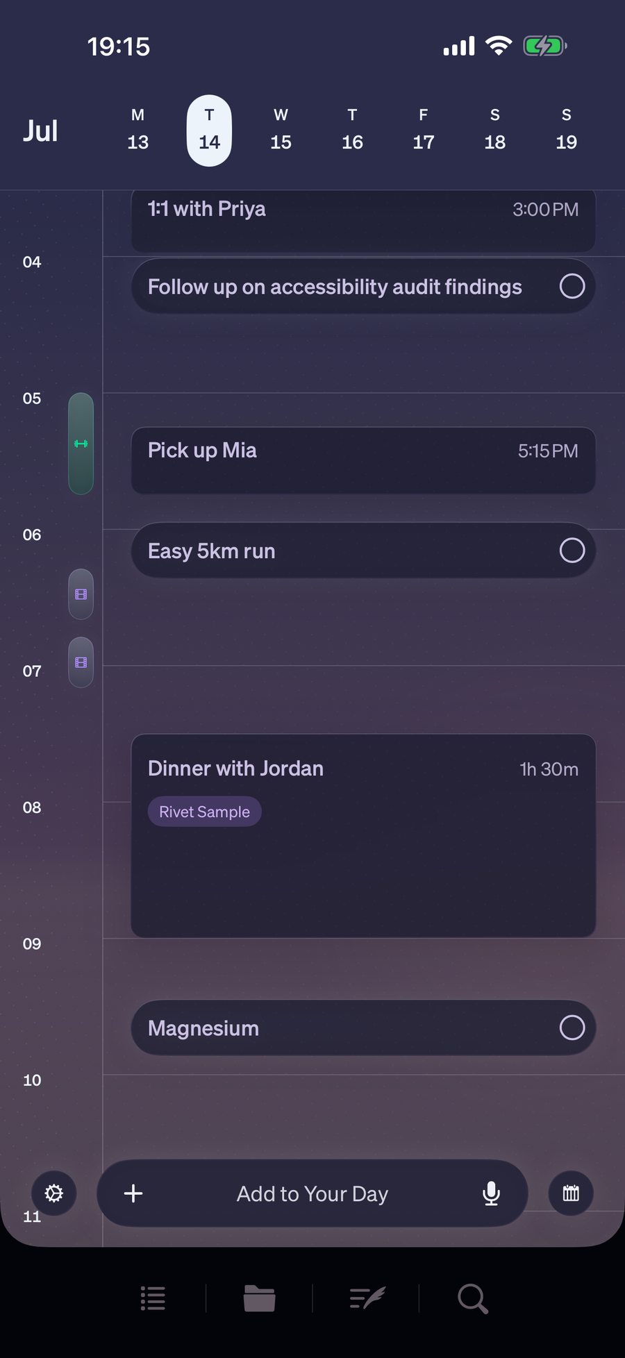 Rivet evening timeline at blue hour with personal plans and activity