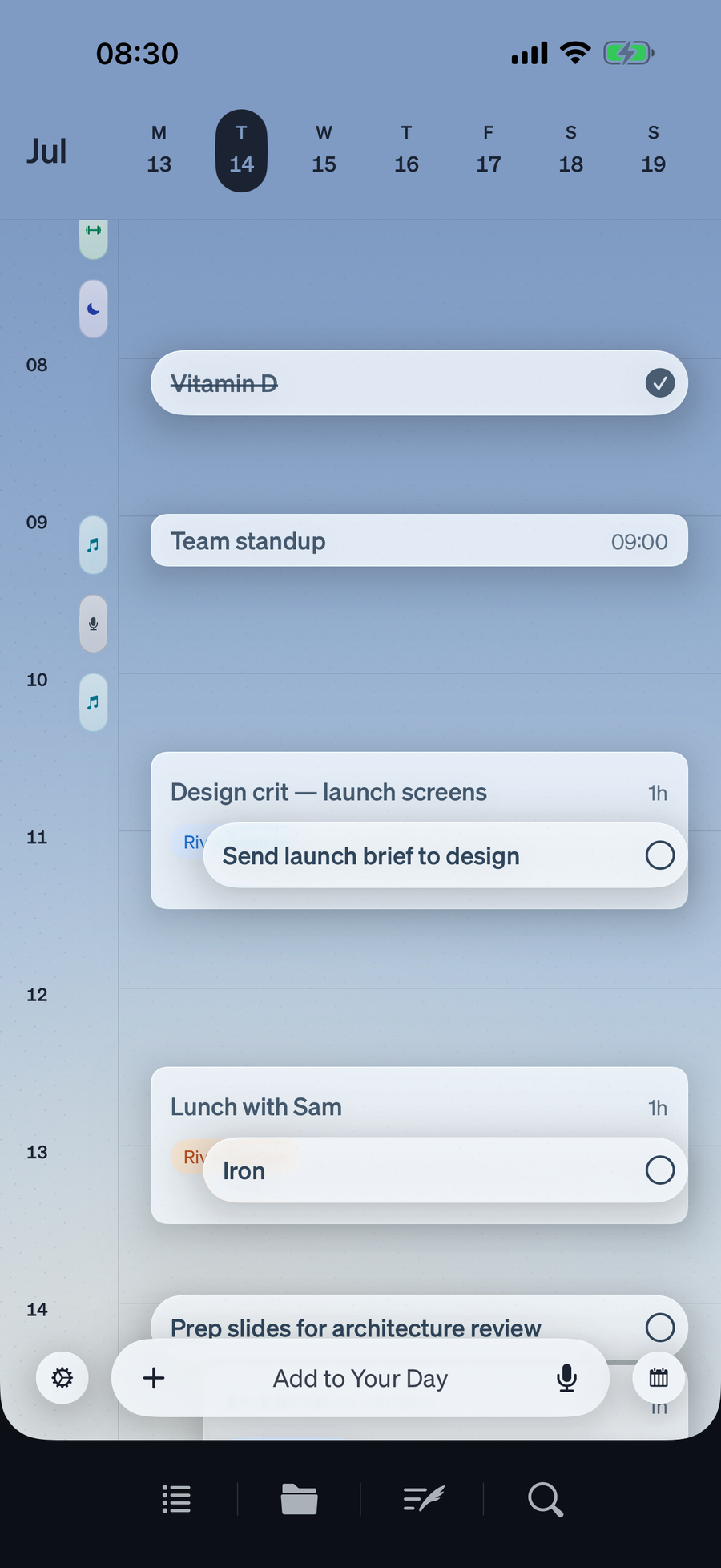 Rivet Day view showing plans and activity in time order