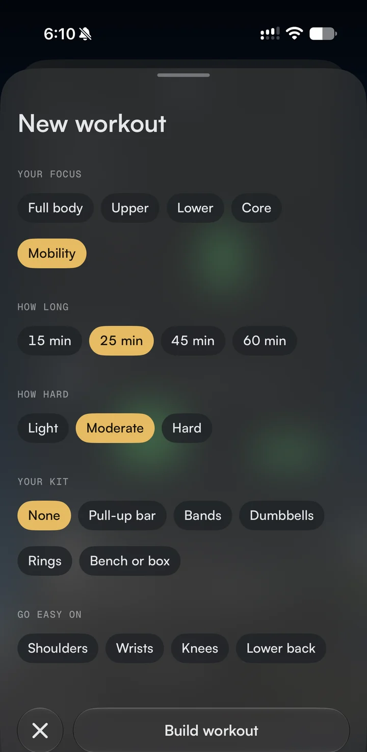 Rivet on iPhone: the New workout sheet, with choices for your focus, how long, how hard, your kit and what to go easy on