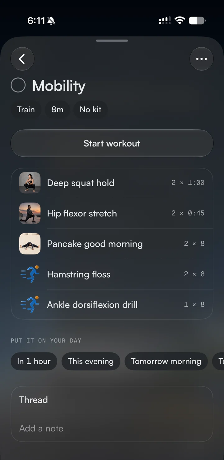 Rivet on iPhone: a workout page with its exercises and the choices In 1 hour, This evening and Tomorrow morning under Put it on your day