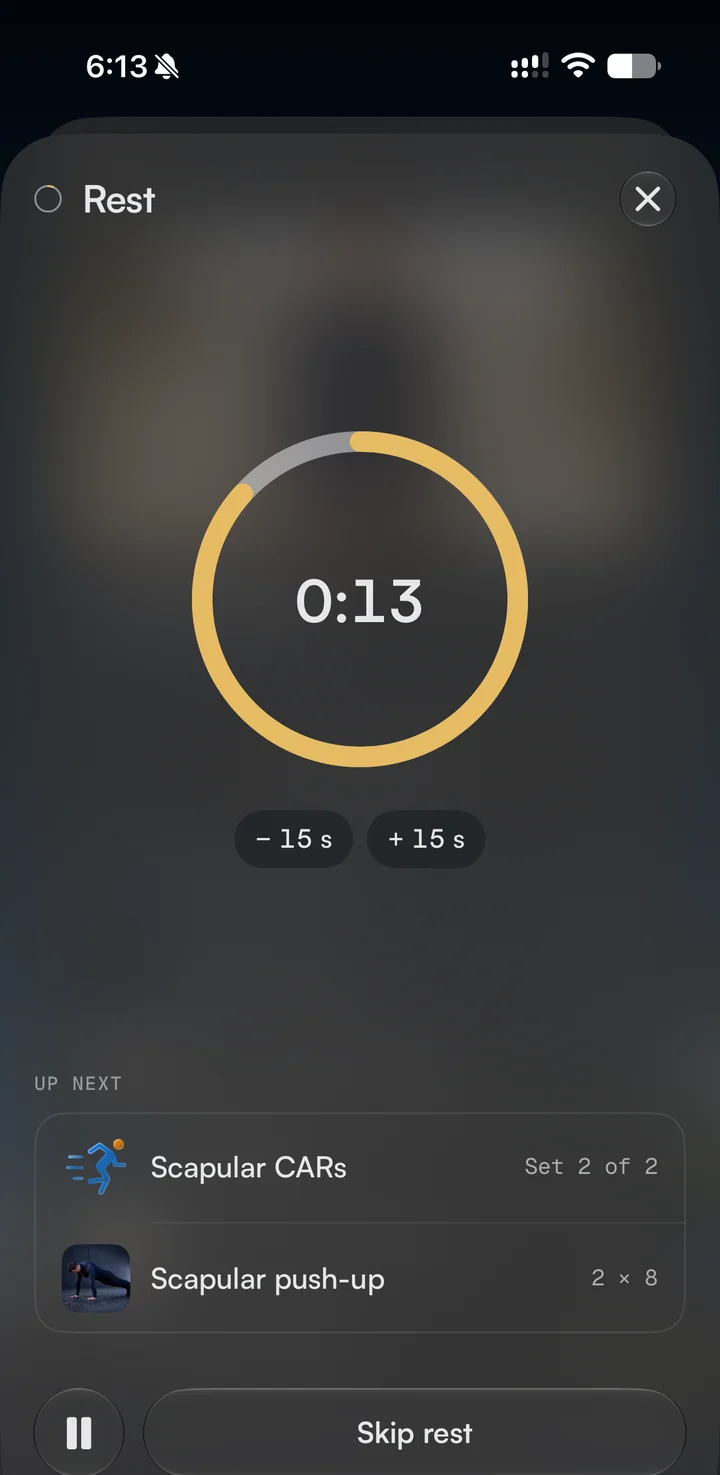 Rivet on iPhone between sets: a rest timer at 13 seconds, with the next set listed under Up next