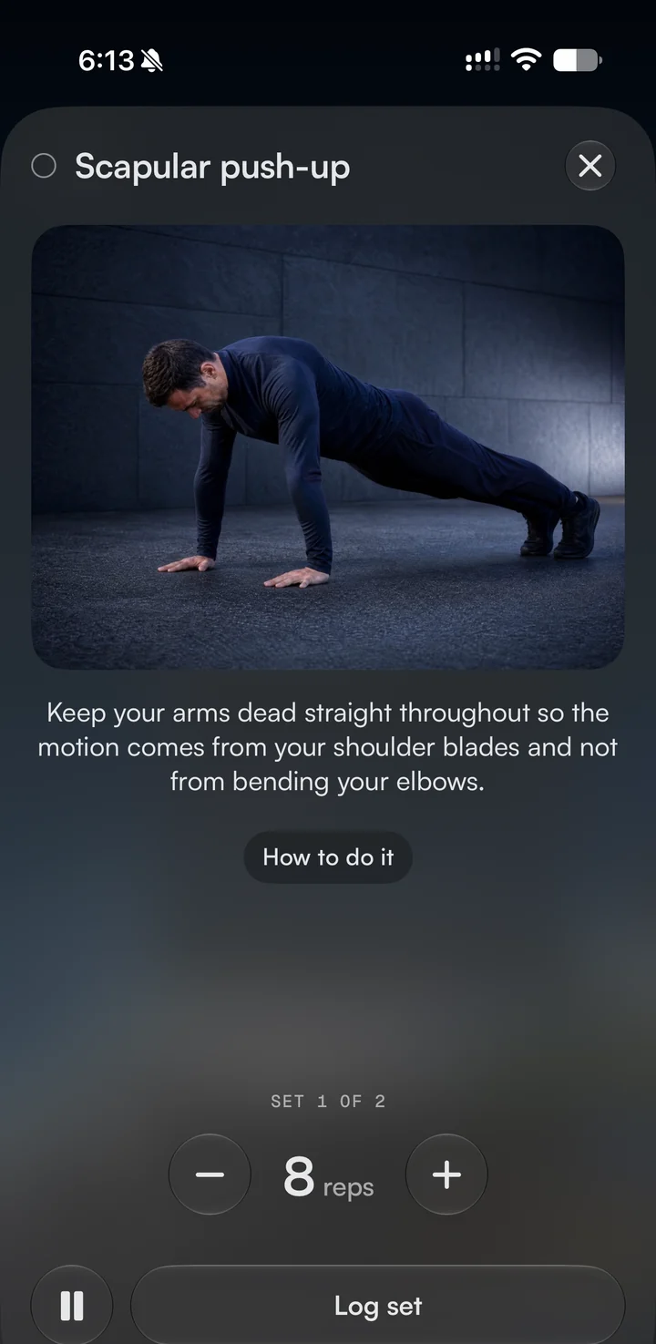 Rivet on iPhone during a workout: a Scapular push-up, set 1 of 2, 8 reps, with a Log set button