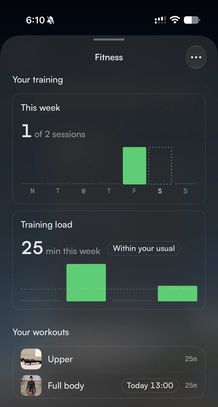 Rivet on iPhone: the Fitness page, showing sessions this week, training load and your workouts