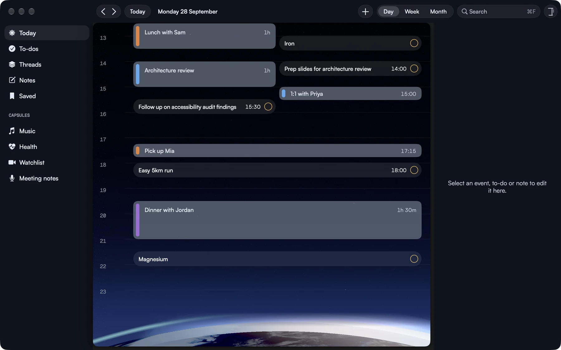Dark Rivet Mac window showing a full day of events and to-dos on a timeline beside a native sidebar