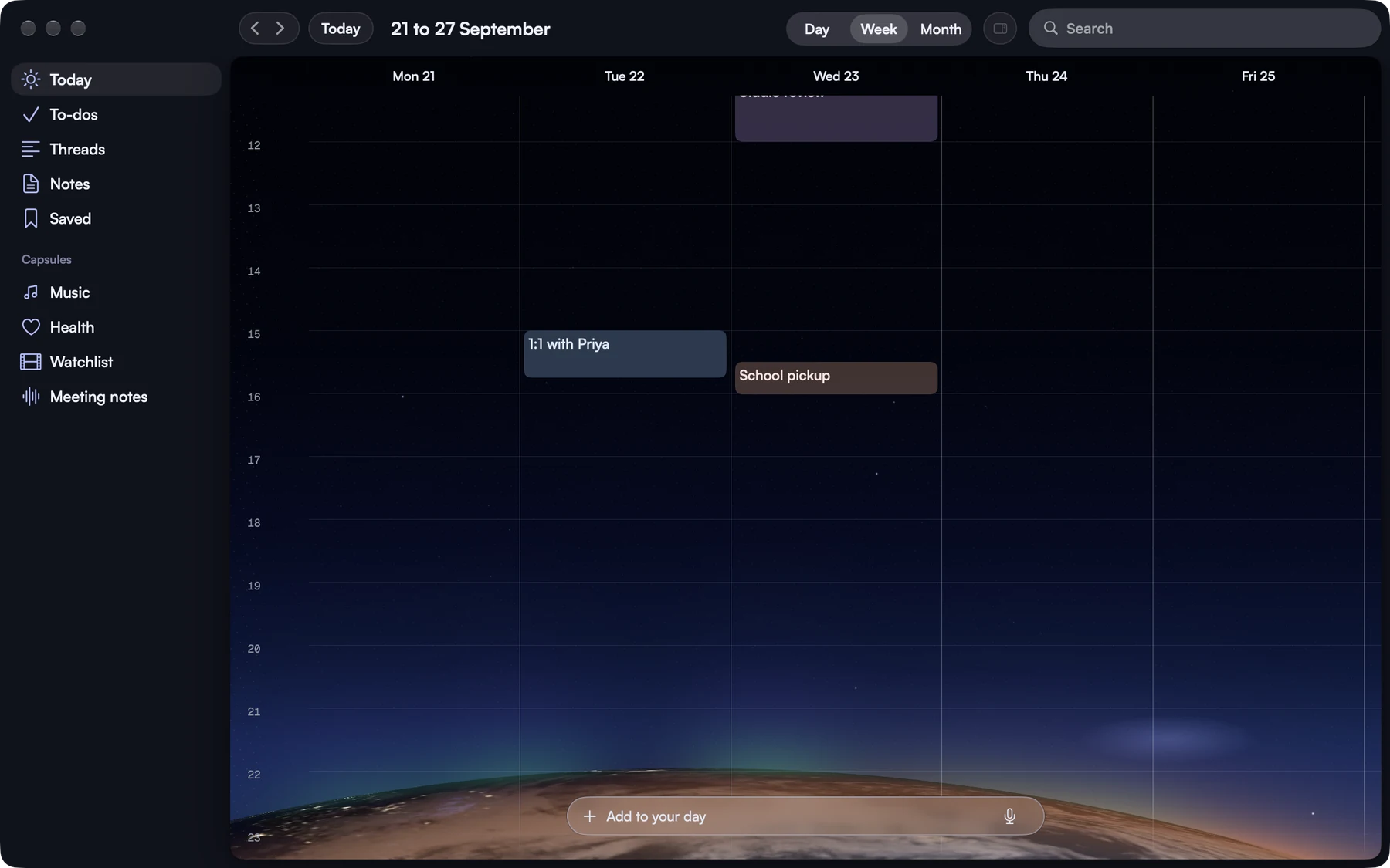 Dark Rivet Mac Week view, with days in columns and plans placed at their scheduled times