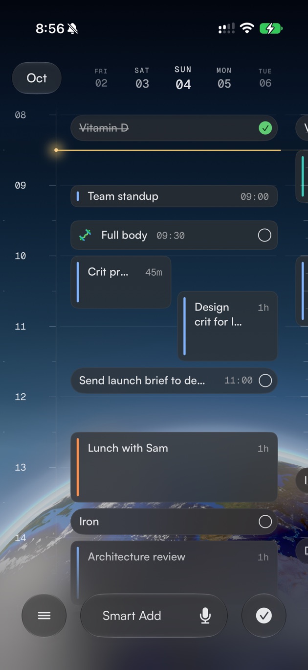Rivet Today view over the Earth with a team standup, a workout, a design crit and lunch on the timeline