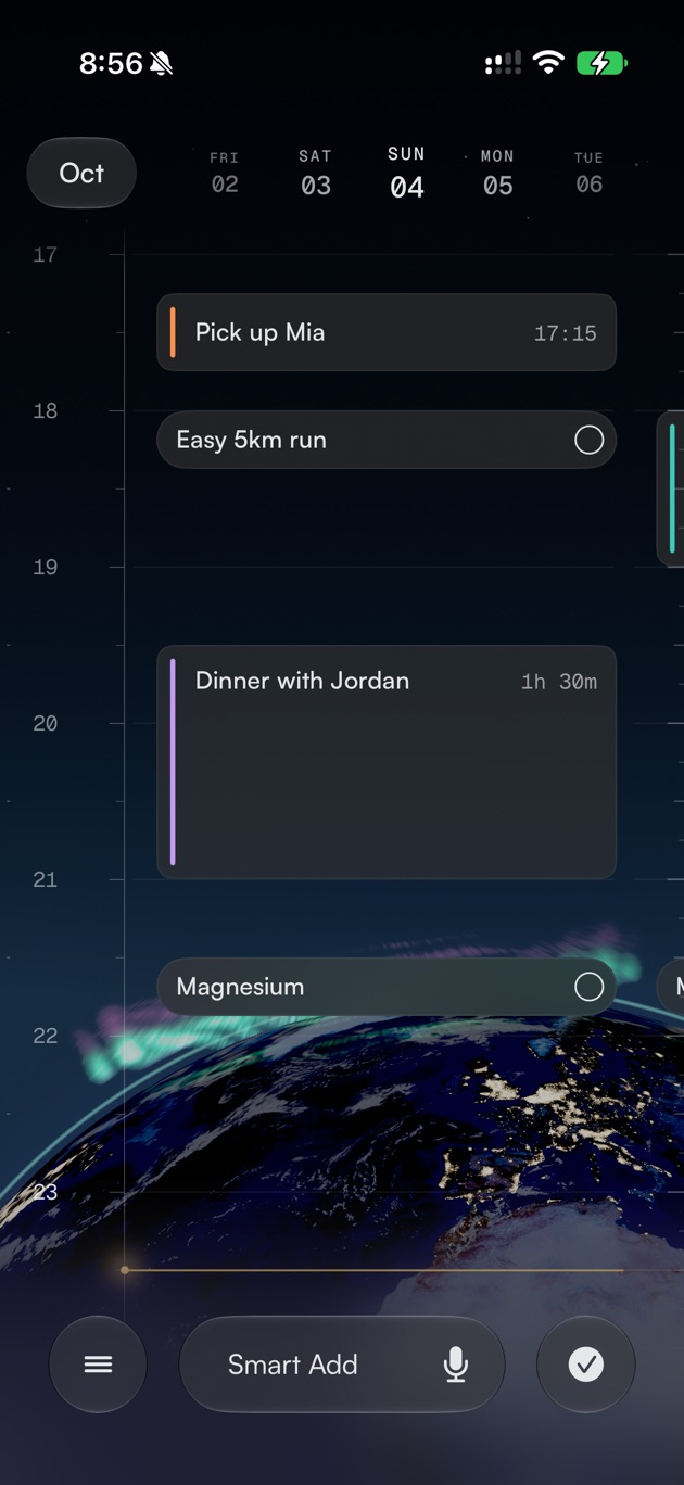 Rivet timeline in the evening with Pick up Mia, dinner with Jordan and to-dos over the Earth at night