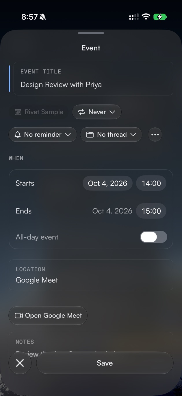 Rivet event sheet for Design Review with Priya, with a Google Meet link
