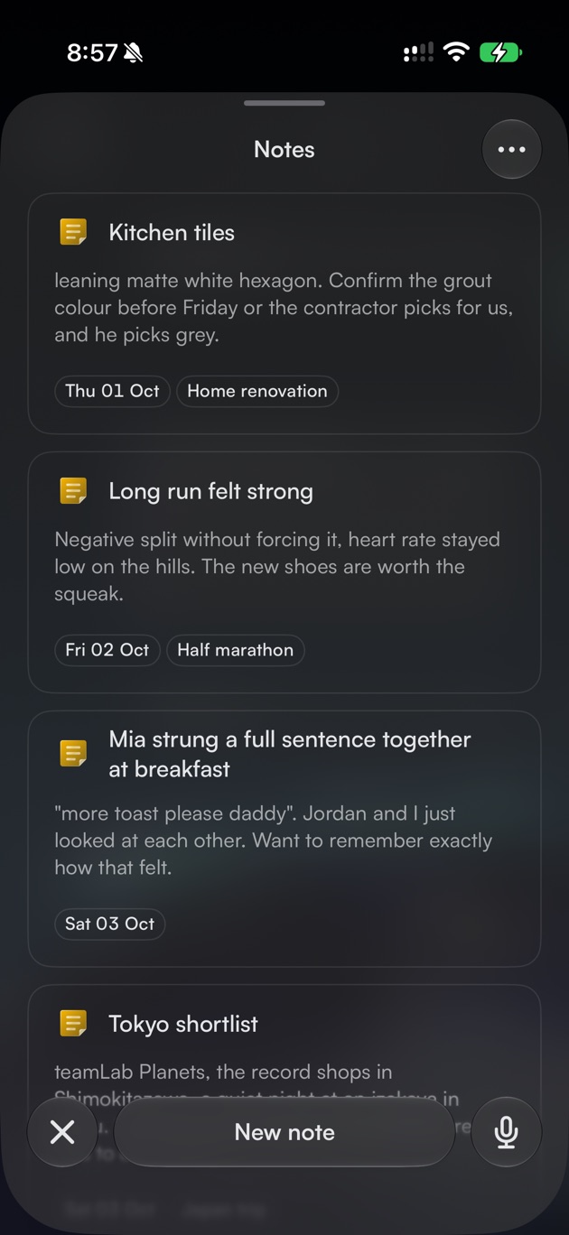 Rivet notes about kitchen tiles, a long run and a breakfast moment, each with its date and project