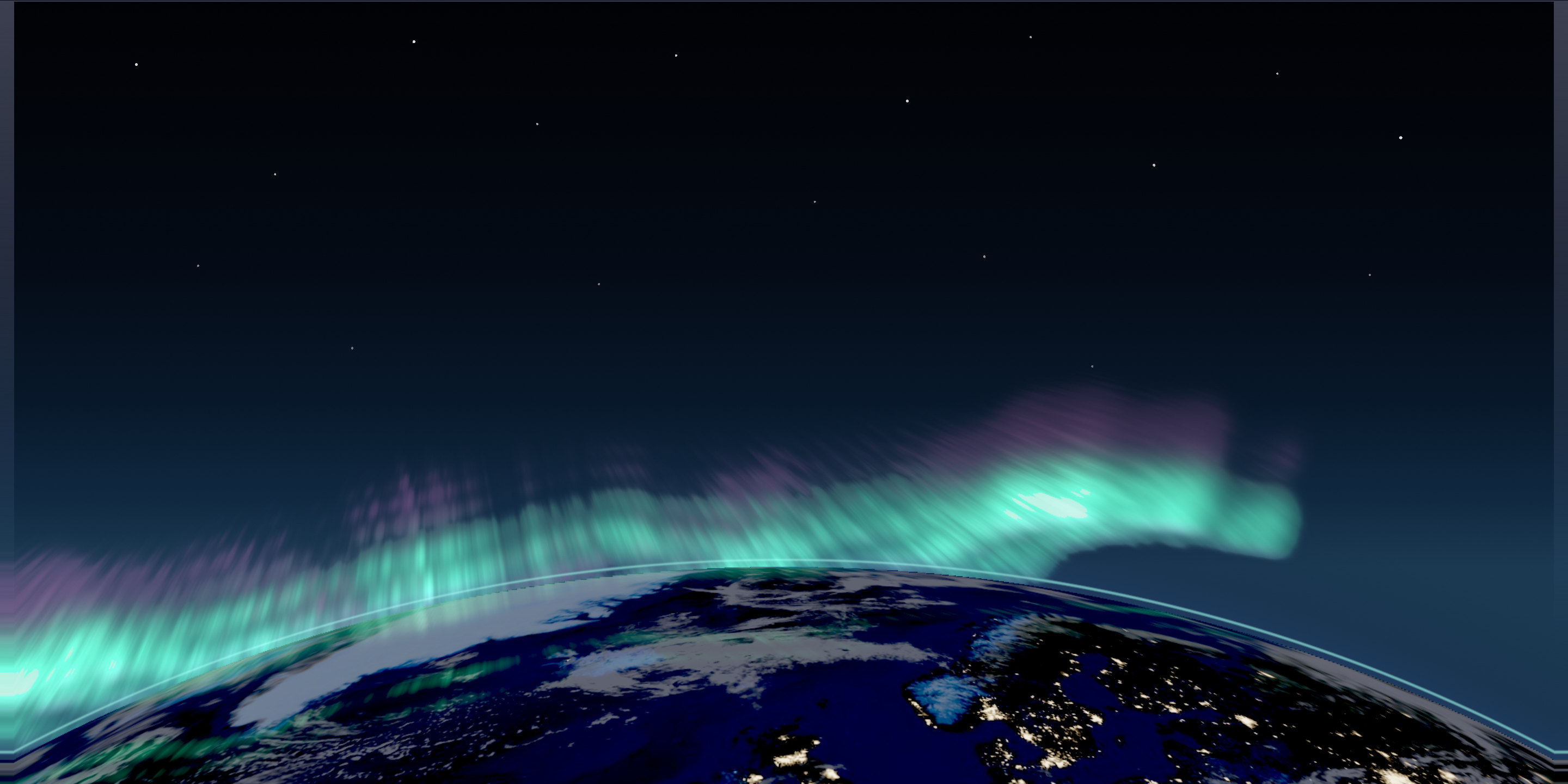 The Earth at night from orbit, with city lights and the aurora